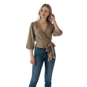 Max Studio Silk Wrap Blouse Top S Taupe Tie Waist 3/4 Sleeve Lightweight Boho